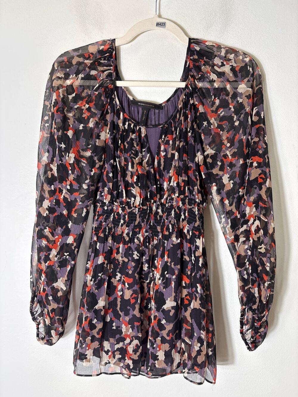 BCBG Maxazria Multicolored Long Sleeve Sheer Smocked Waist Sz XS